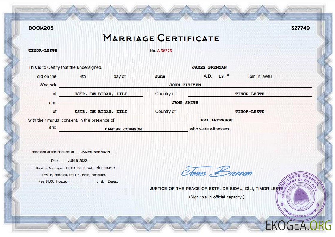 Modèle Word et PDF d'acte de mariage au Timor Leste